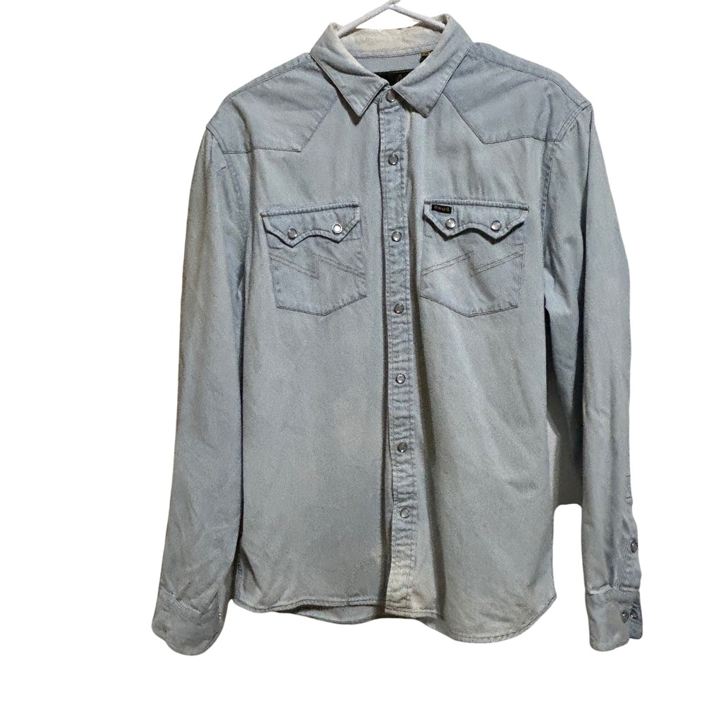 HOWLER BROTHERS DUST UP DENIM GARTH SHIRT Size M Light Blue Pearl Snap Shirt - Picture 2 of 6